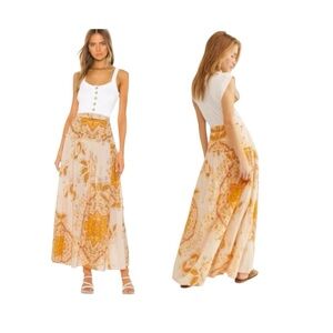 Free People Cream and Mustard Yellow Paisley Maxi Skirt
